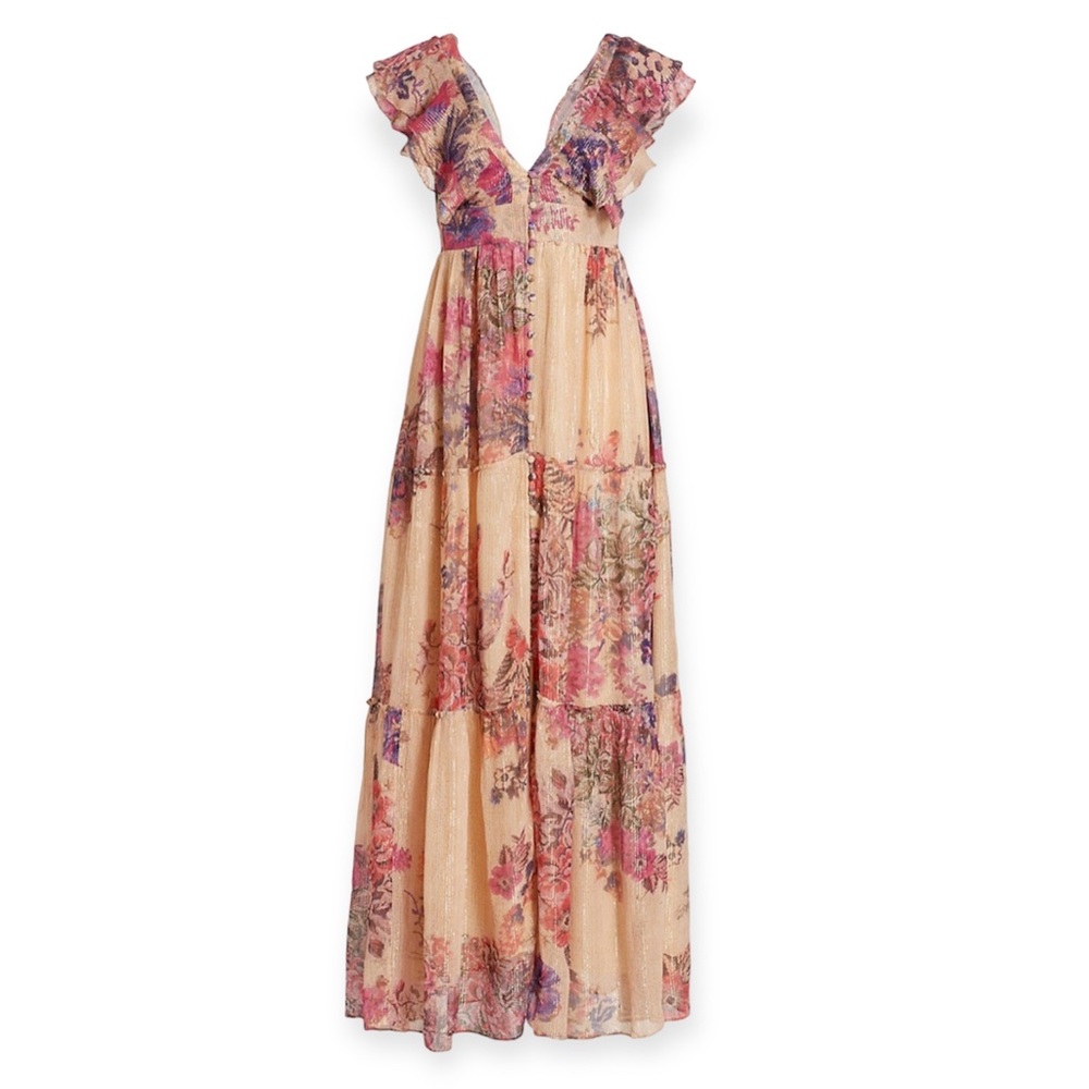 Hemant & Nandita Floral-Print V-Neck Dress in Salmon